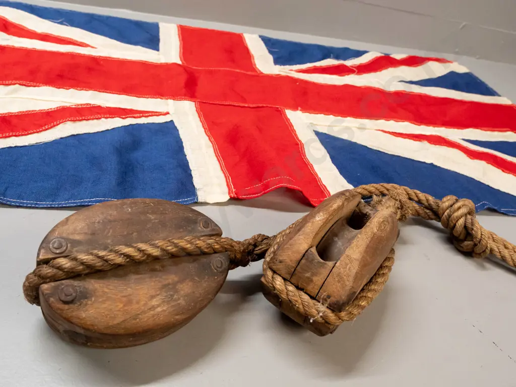 vintage Union Jack flag with rope and brass toggles and 2 vintage wooden pulleys on a section of rope Image 1++