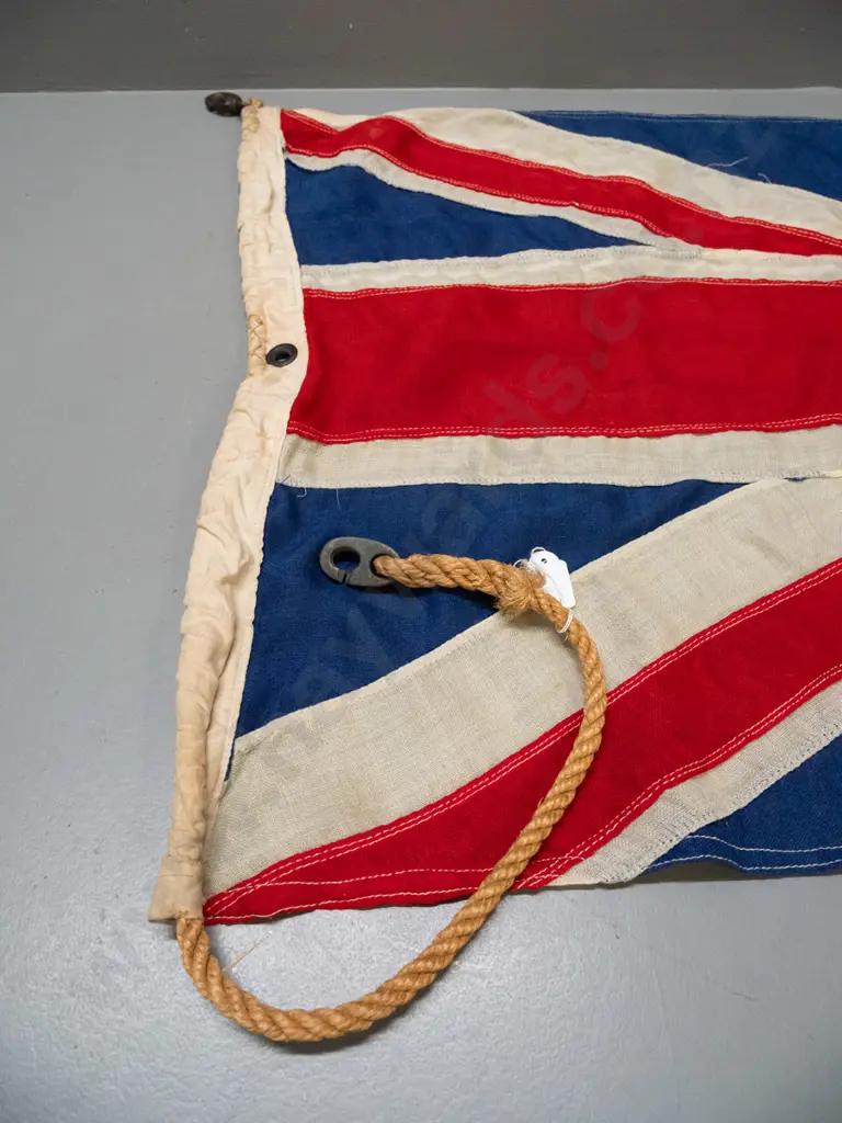 vintage Union Jack flag with rope and brass toggles and 2 vintage wooden pulleys on a section of rope Image 1++
