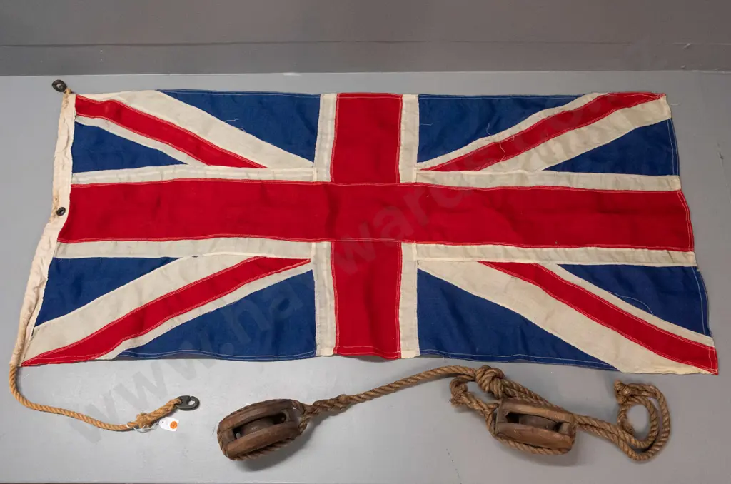 vintage Union Jack flag with rope and brass toggles and 2 vintage wooden pulleys on a section of rope Image 1++