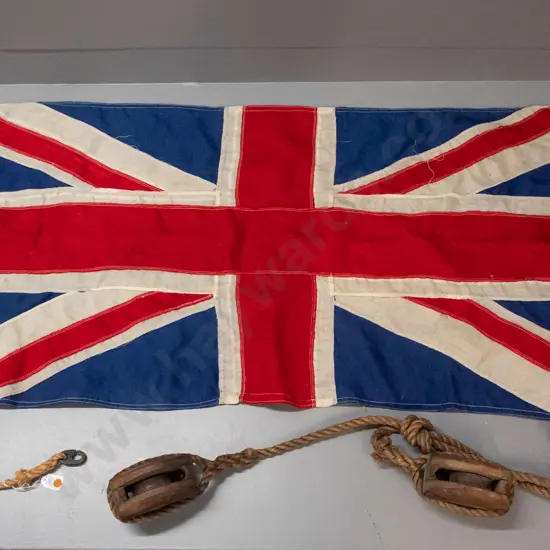 vintage Union Jack flag with rope and brass toggles and 2 vintage wooden pulleys on a section of rope