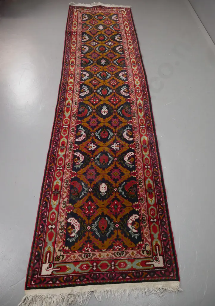 asian style wool floor runner with organic motifs in red, blue, teal and mustard tones - some wear. L-3200 W-800 Image 1++