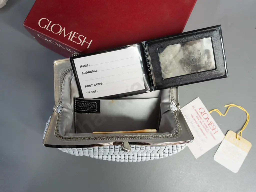 2 retro Australian Glomesh purses in original boxes - larger white and smaller coppery-gold tone. Larger box 220x190 Image 1++
