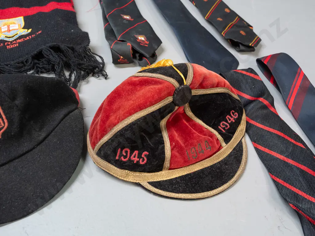 Assortment of Waitaki Boys High School memorabilia: scarf, ties, banner, bound volume of 'The Waitakian', signed wooden Image 1++