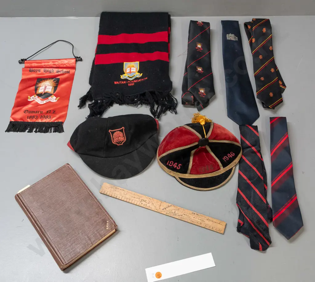 Assortment of Waitaki Boys High School memorabilia: scarf, ties, banner, bound volume of 'The Waitakian', signed wooden Image 1++
