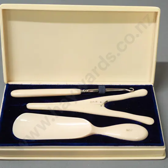 vintage English ivorine dressing table set - shoe horn, button hook and glove stretcher in hinged lid box - small crack