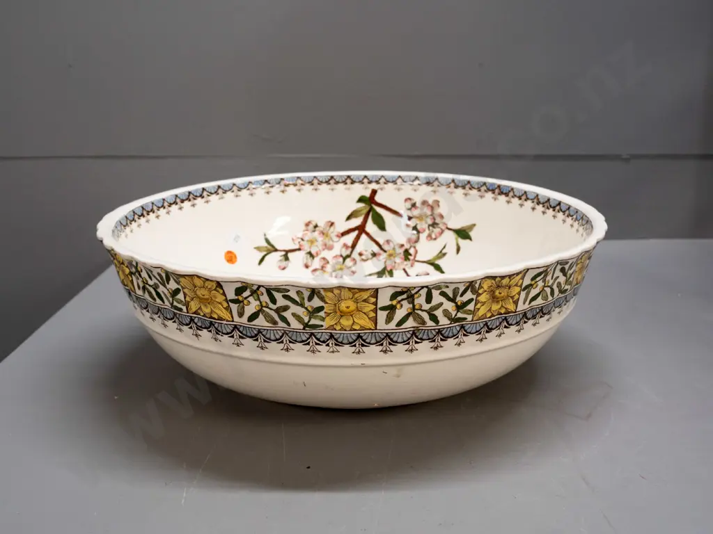 large bowl / basin with prunus motif decoration with frilled top edge - unknown maker's marks H-125 D-390 Image 1++