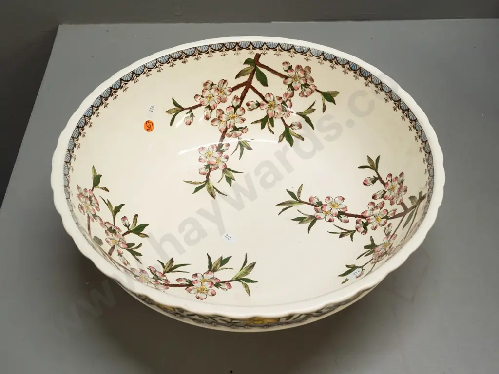 large bowl / basin with prunus motif decoration with frilled top edge - unknown maker's marks H-125 D-390 Image 1++