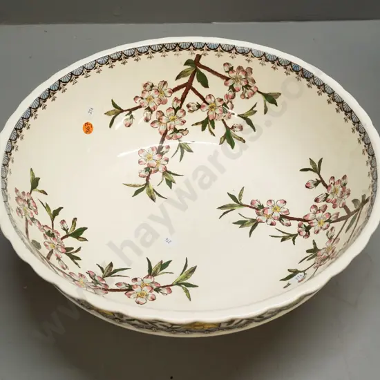 large bowl / basin with prunus motif decoration with frilled top edge - unknown maker's marks H-125 D-390