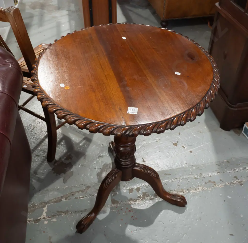 reproduction mahogany Chippendale style wine table with gadrooned edge, fluted stem, 3-point carved base on paw feet. Image 1++