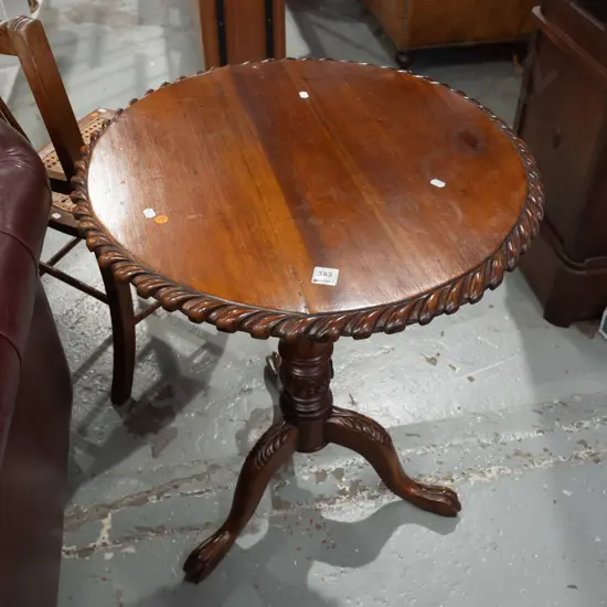 reproduction mahogany Chippendale style wine table with gadrooned edge, fluted stem, 3-point carved base on paw feet.
