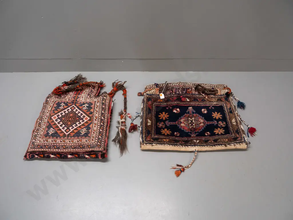 2 Turkish / tribal style hand-knotted wool salt bags - one with cushion stuffing, both have some fading, rectangular one Image 1++
