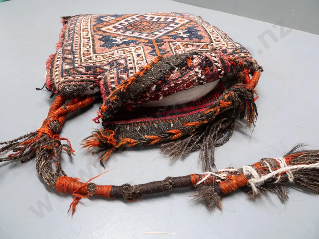 2 Turkish / tribal style hand-knotted wool salt bags - one with cushion stuffing, both have some fading, rectangular one Image 1++