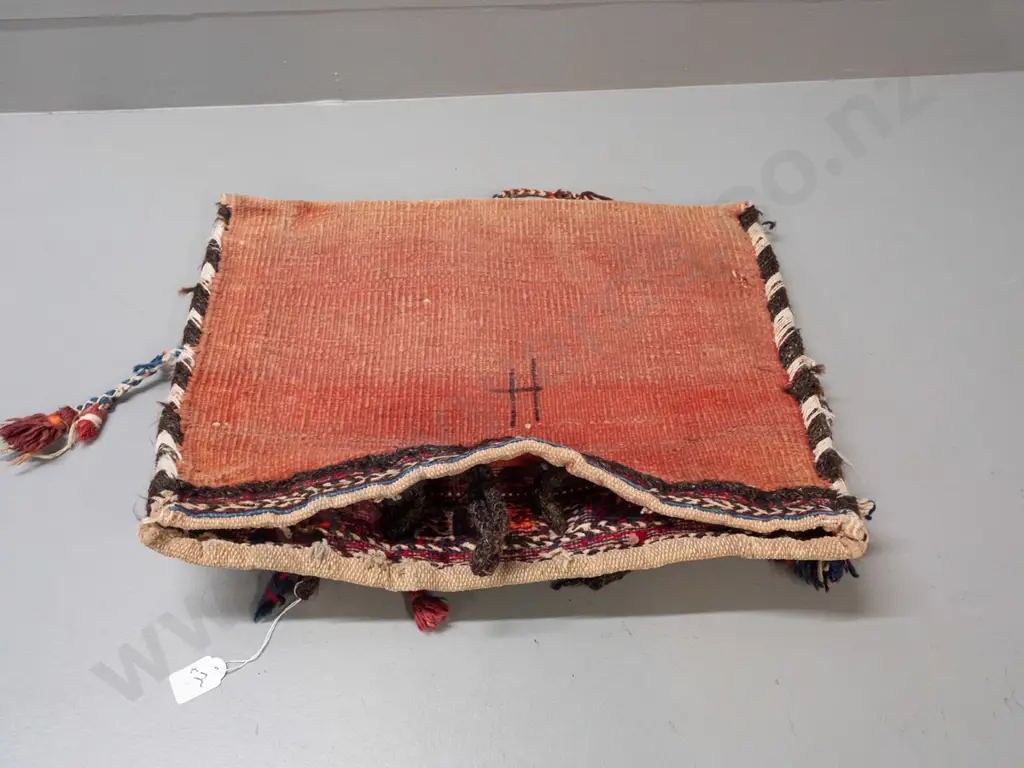 2 Turkish / tribal style hand-knotted wool salt bags - one with cushion stuffing, both have some fading, rectangular one Image 1++