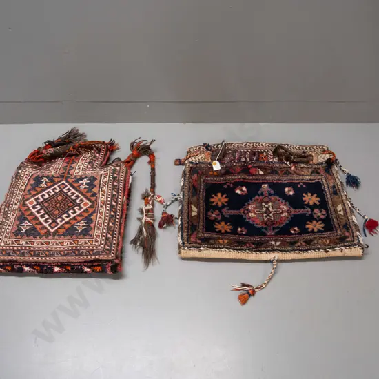 2 Turkish / tribal style hand-knotted wool salt bags - one with cushion stuffing, both have some fading, rectangular one