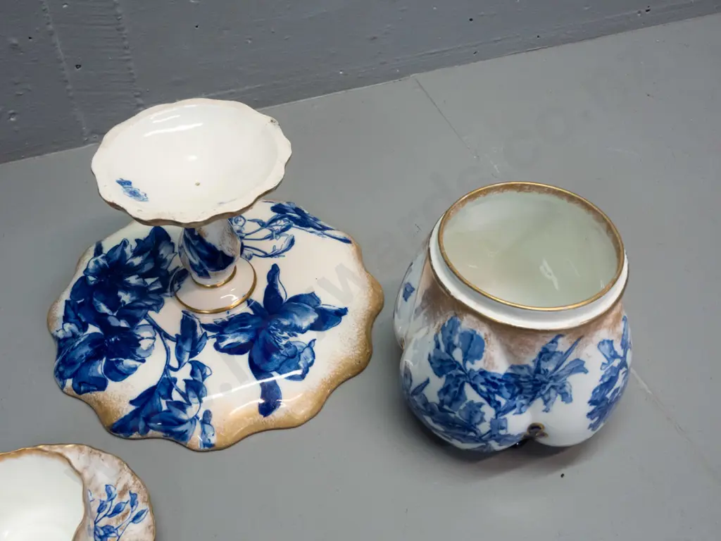 vintage Royal Doulton Iris pattern comport, small dish, cup & saucer, biscuit barrel with no handle, rim or lid - Image 1++