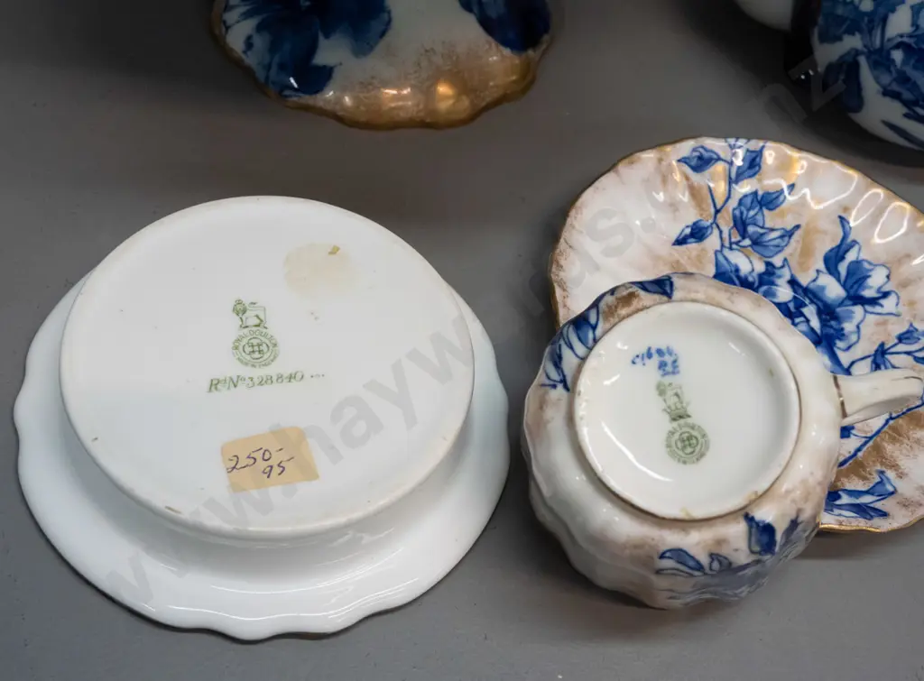 vintage Royal Doulton Iris pattern comport, small dish, cup & saucer, biscuit barrel with no handle, rim or lid - Image 1++