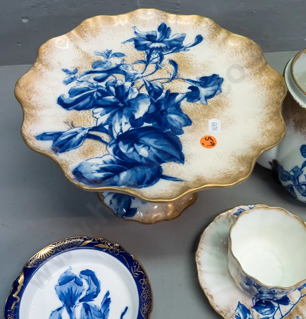 vintage Royal Doulton Iris pattern comport, small dish, cup & saucer, biscuit barrel with no handle, rim or lid - Image 1++