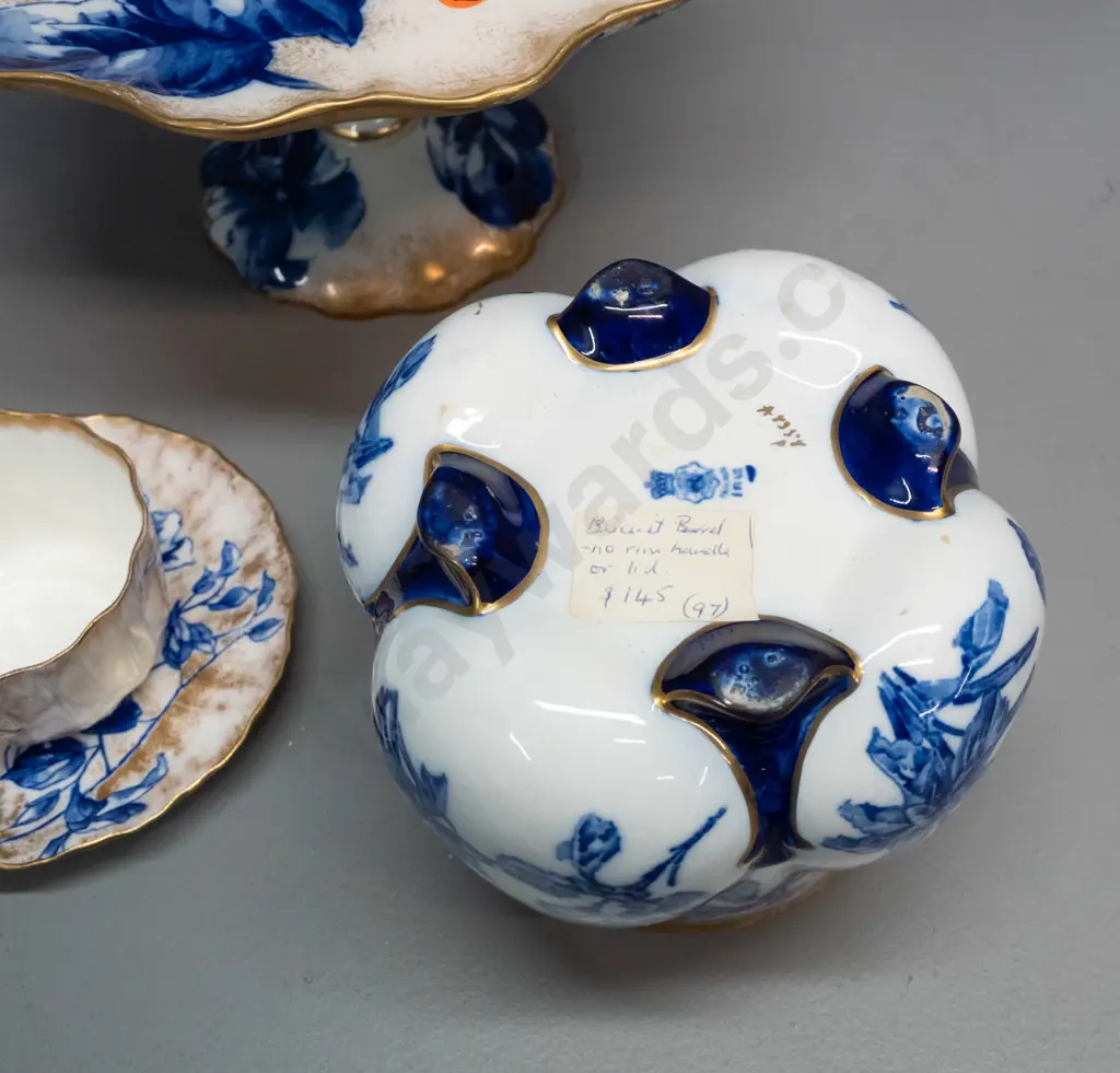 vintage Royal Doulton Iris pattern comport, small dish, cup & saucer, biscuit barrel with no handle, rim or lid - Image 1++