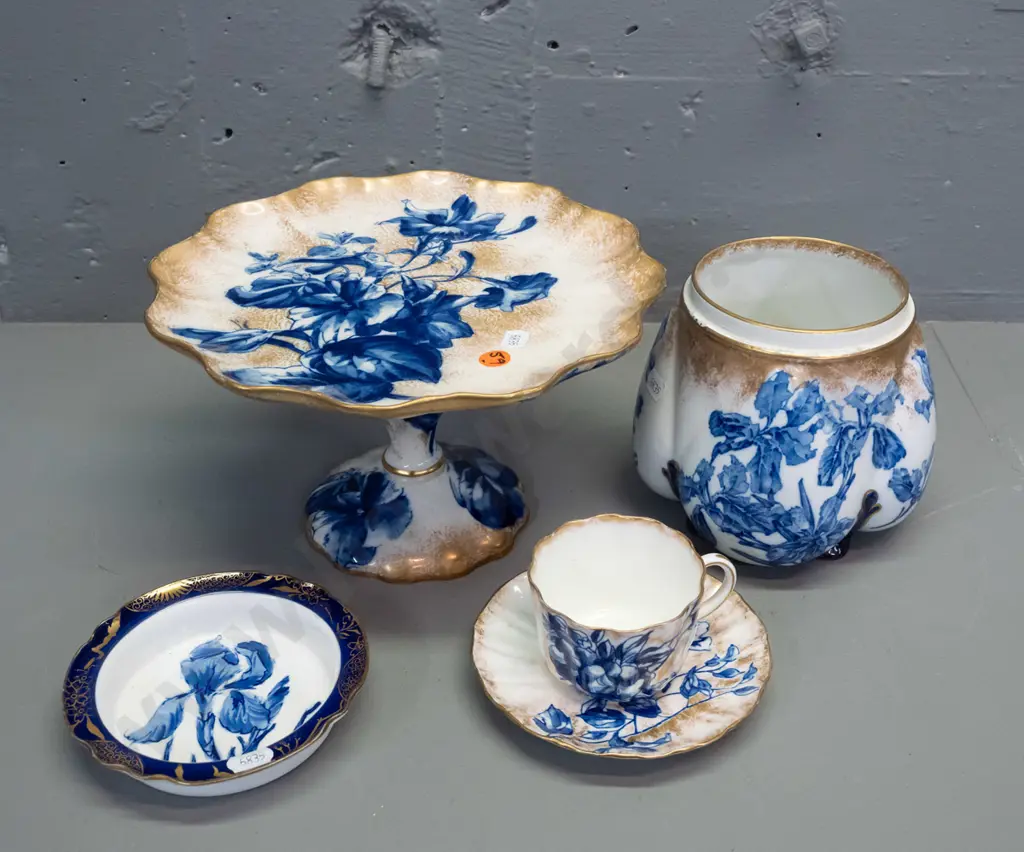 vintage Royal Doulton Iris pattern comport, small dish, cup & saucer, biscuit barrel with no handle, rim or lid - Image 1++