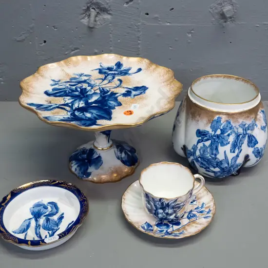 vintage Royal Doulton Iris pattern comport, small dish, cup & saucer, biscuit barrel with no handle, rim or lid -