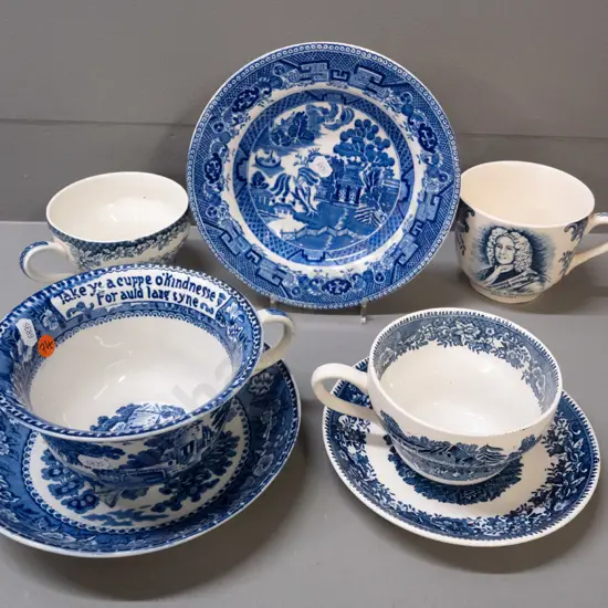 4 breakfast cups, 2 with saucers, one oversized - and a Wedgwood blue & white plate. Largest cup H-90 W-190.