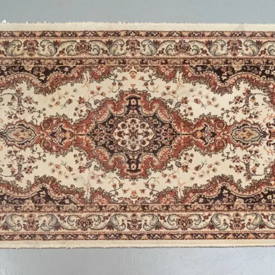 Persian style wool floor rug with Incov Romania label - ivory, coral and brown - some staining, needs cleaning L-1820