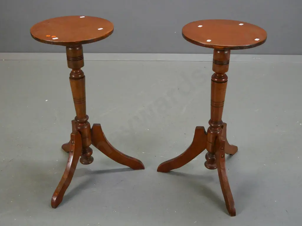 pair of rimu and beech wine or lamp tables with turned column on 3 sweeping legs - some surface wear H-600 Top D-280 Image 1++