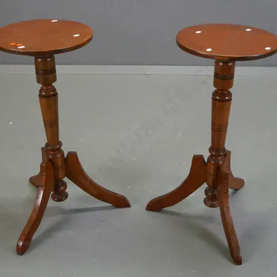 pair of rimu and beech wine or lamp tables with turned column on 3 sweeping legs - some surface wear H-600 Top D-280