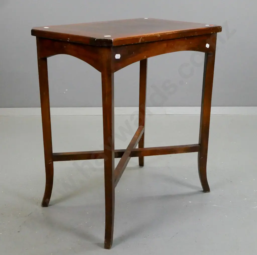 vintage side table with beech frame, walnut veneer inset top, square tapered legs, X-frame stretcher base. Some Image 1++