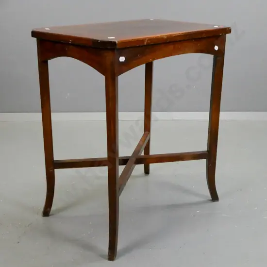 vintage side table with beech frame, walnut veneer inset top, square tapered legs, X-frame stretcher base. Some