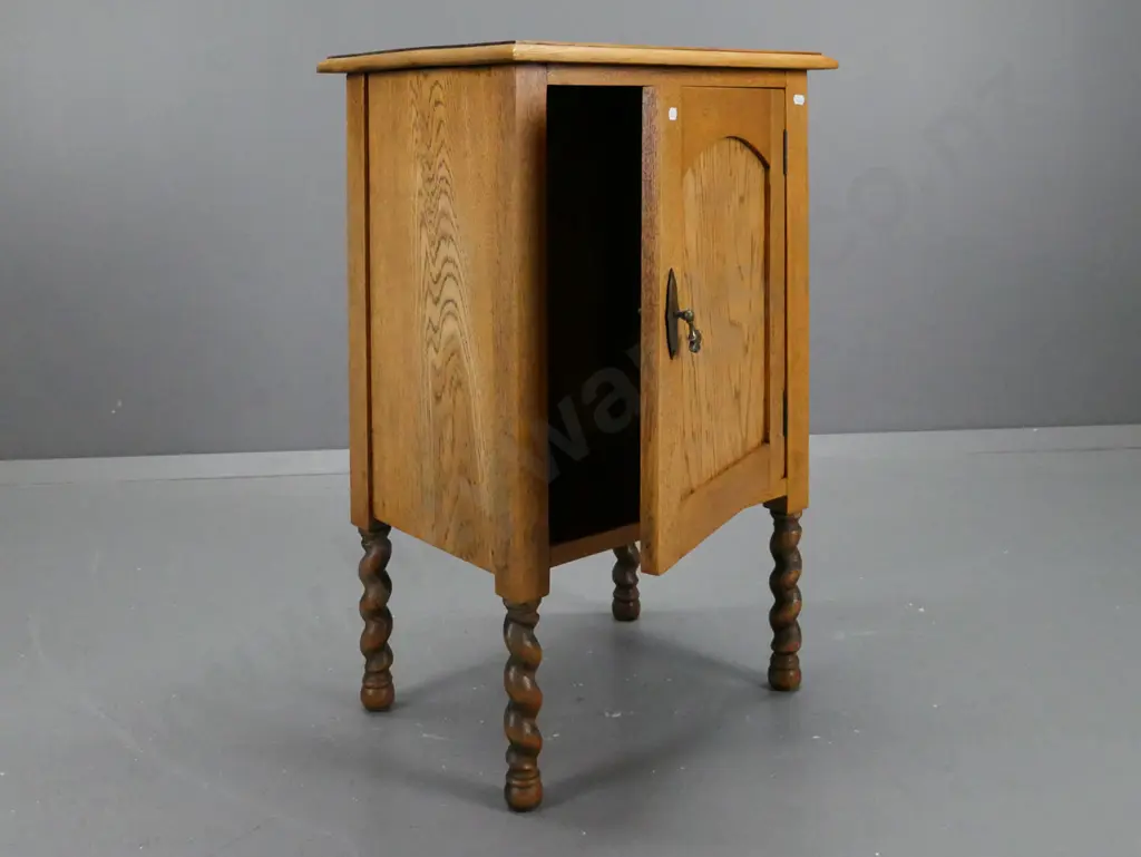 vintage oak bedside table with panelled door, on Jacobean twist legs - drop handle is loose due to missing back latch Image 1++