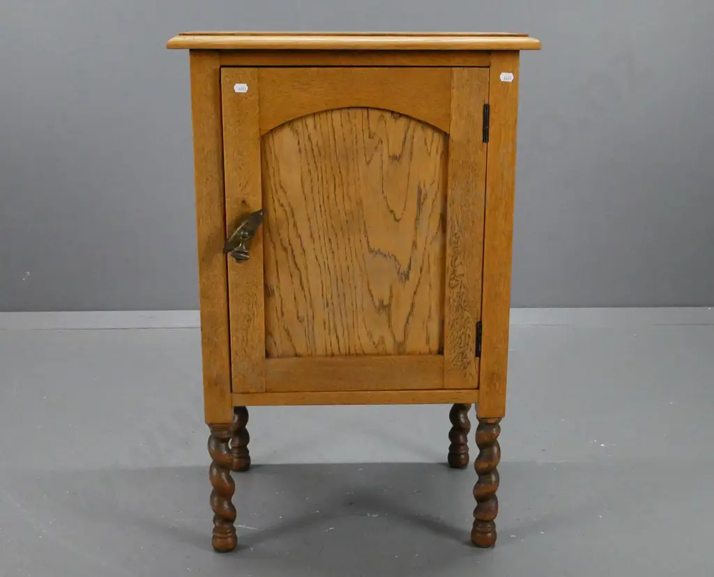 vintage oak bedside table with panelled door, on Jacobean twist legs - drop handle is loose due to missing back latch Image 1++
