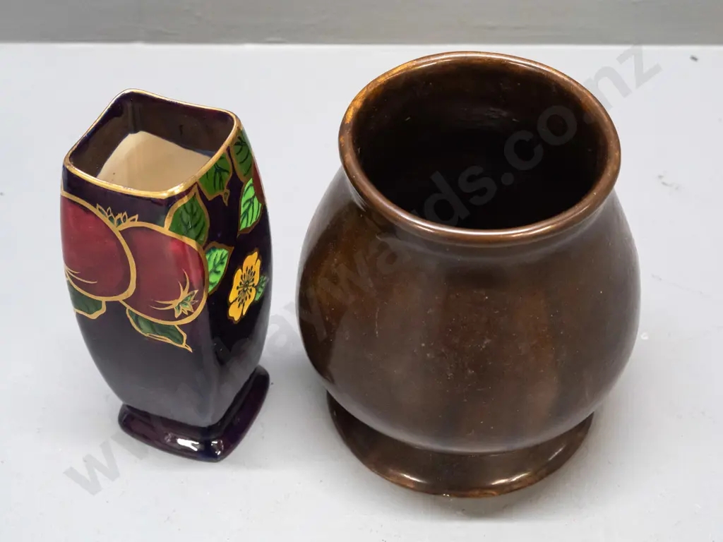 Regal Pottery Cobridge "Le Fruit" pattern vase w/hand-painted fruit, floral & gilt decoration H-190 and a bulbous brown Image 1++