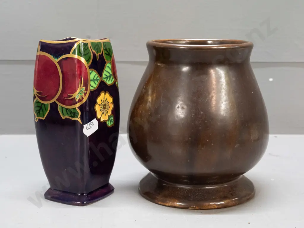 Regal Pottery Cobridge "Le Fruit" pattern vase w/hand-painted fruit, floral & gilt decoration H-190 and a bulbous brown Image 1++