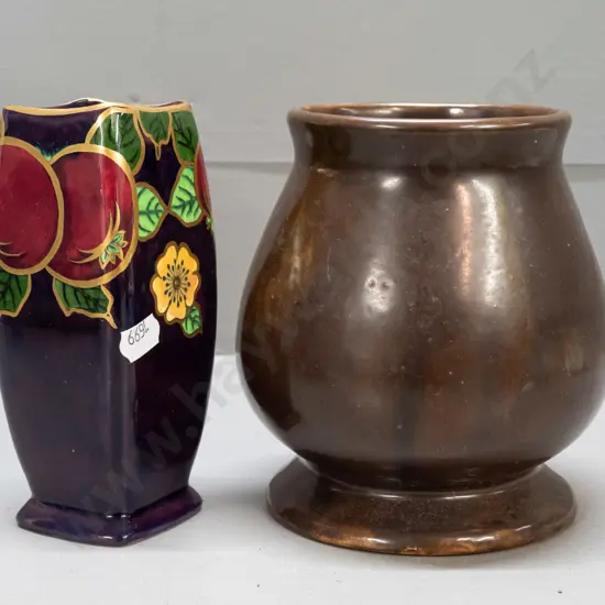 Regal Pottery Cobridge "Le Fruit" pattern vase w/hand-painted fruit, floral & gilt decoration H-190 and a bulbous brown