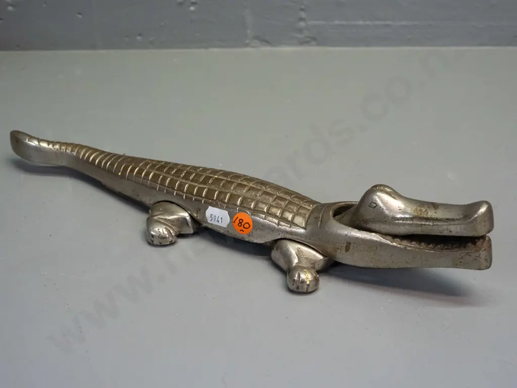vintage cast metal crocodile nutcracker (worn chrome over brass?) L-360 Image 1++