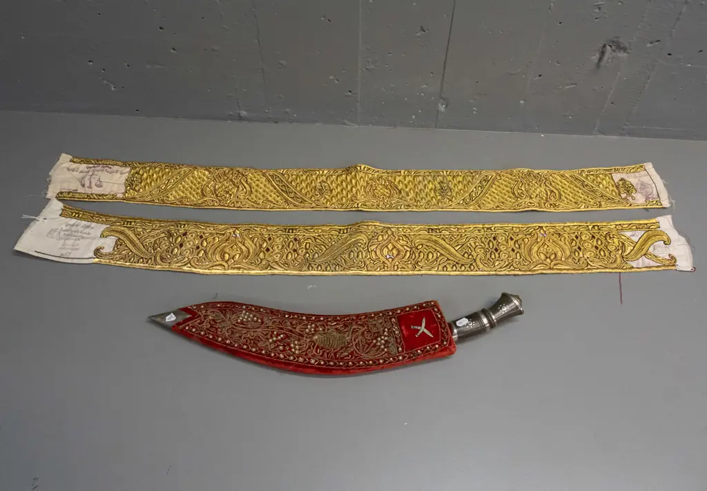kukri knife with bead and metal thread decoration over fabric covered sheath, and 2 pieces of Yemen jambiya belt Image 1++