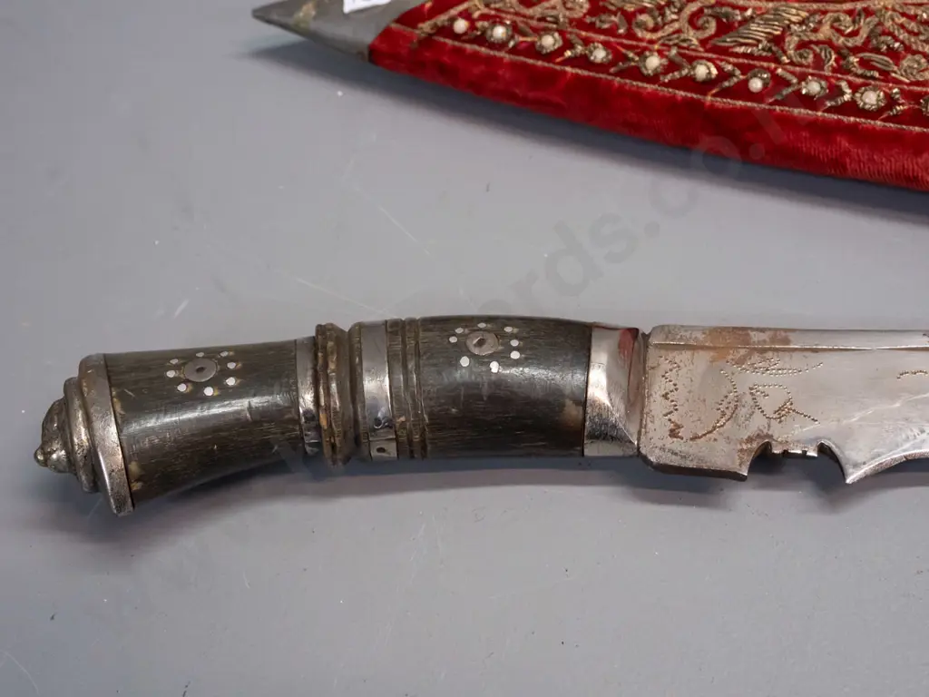 kukri knife with bead and metal thread decoration over fabric covered sheath, and 2 pieces of Yemen jambiya belt Image 1++