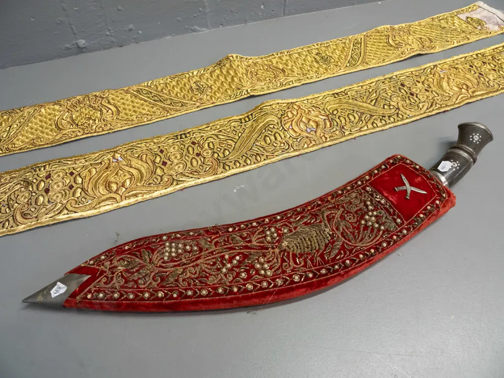 kukri knife with bead and metal thread decoration over fabric covered sheath, and 2 pieces of Yemen jambiya belt Image 1++