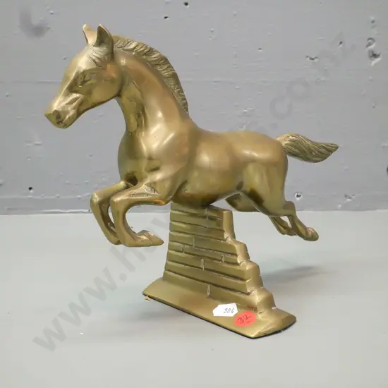 brass horse jumping fence, 'Made in Korea' label on base. H-190 L-250