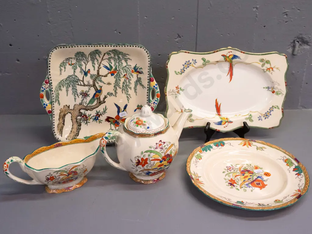 4 pieces vintage pieces of Masons - one "Koro" pattern plate with pierced handles, gravy boat and teapot with mismatched Image 1++