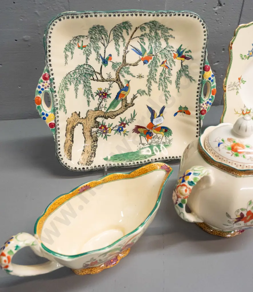 4 pieces vintage pieces of Masons - one "Koro" pattern plate with pierced handles, gravy boat and teapot with mismatched Image 1++