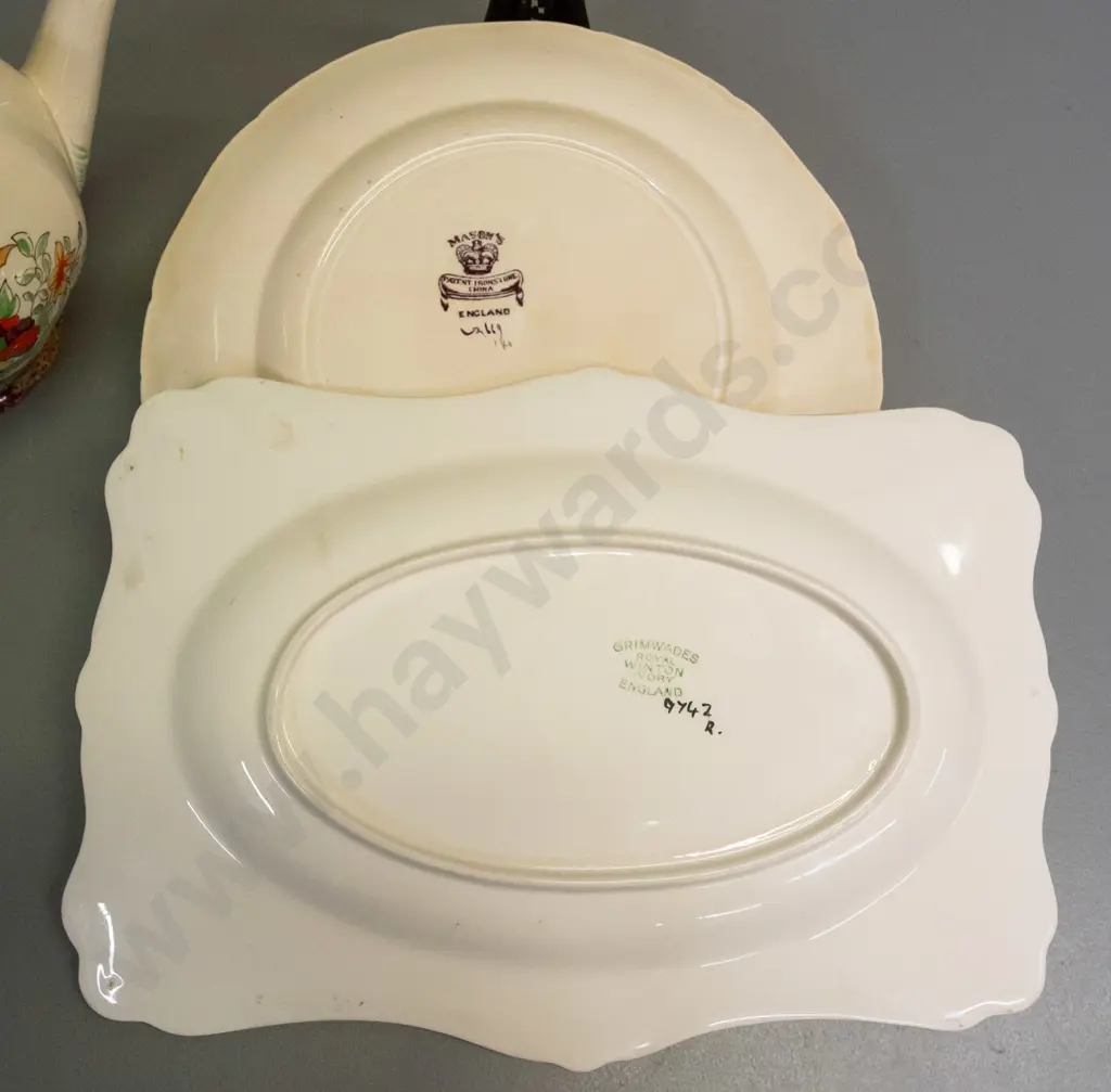 4 pieces vintage pieces of Masons - one "Koro" pattern plate with pierced handles, gravy boat and teapot with mismatched Image 1++