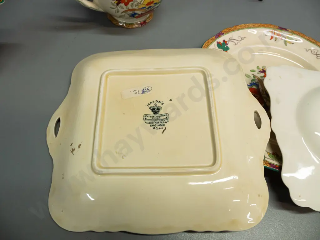 4 pieces vintage pieces of Masons - one "Koro" pattern plate with pierced handles, gravy boat and teapot with mismatched Image 1++