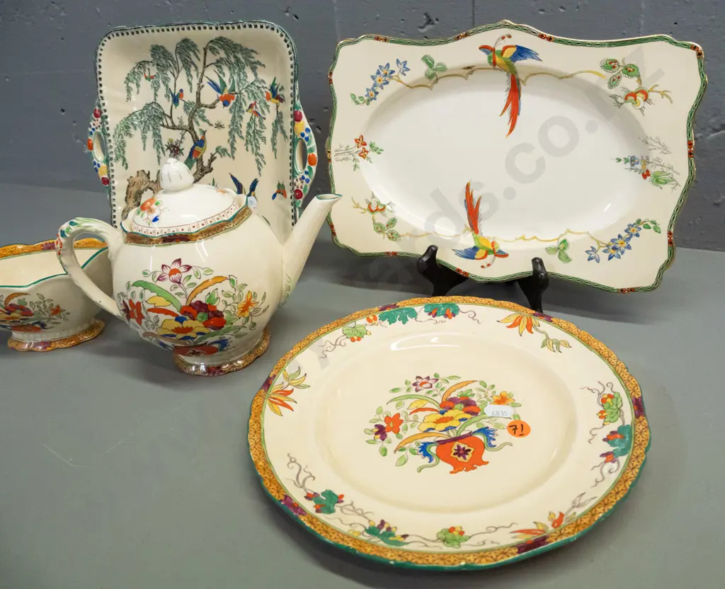 4 pieces vintage pieces of Masons - one "Koro" pattern plate with pierced handles, gravy boat and teapot with mismatched Image 1++