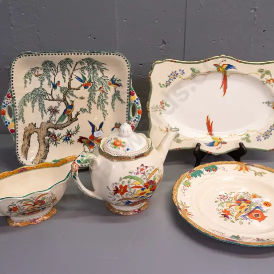 4 pieces vintage pieces of Masons - one "Koro" pattern plate with pierced handles, gravy boat and teapot with mismatched