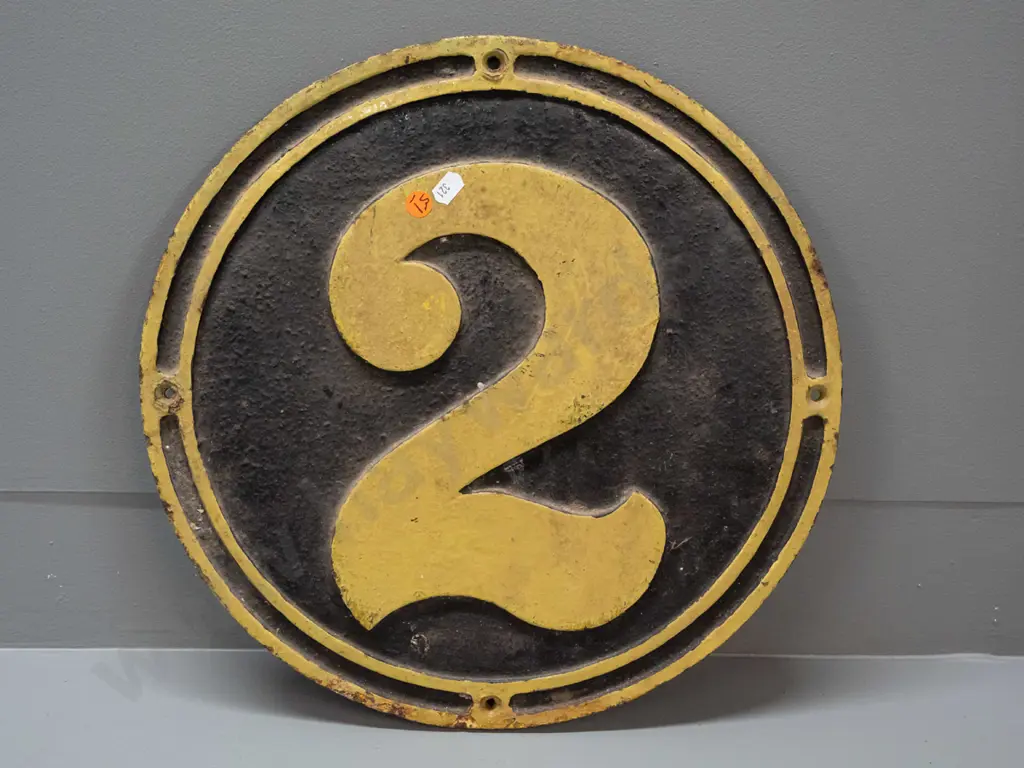 heavy cast iron railway / locomotive plaque with number 2 in yellow - paint wear and some corrosion D-380 Image 1++