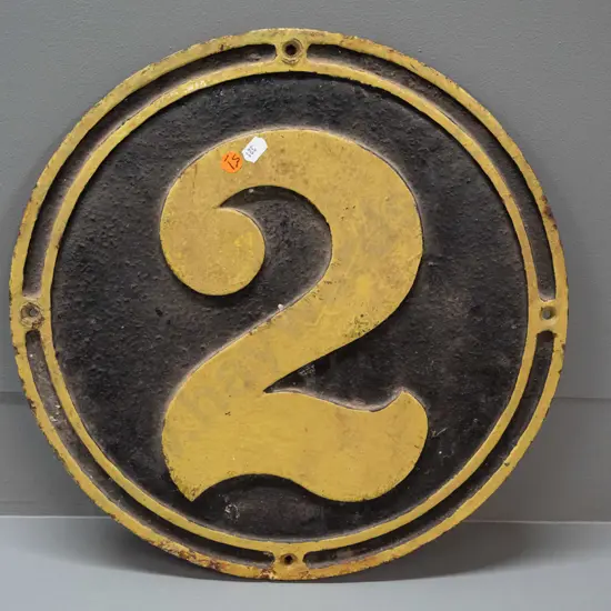 heavy cast iron railway / locomotive plaque with number 2 in yellow - paint wear and some corrosion D-380
