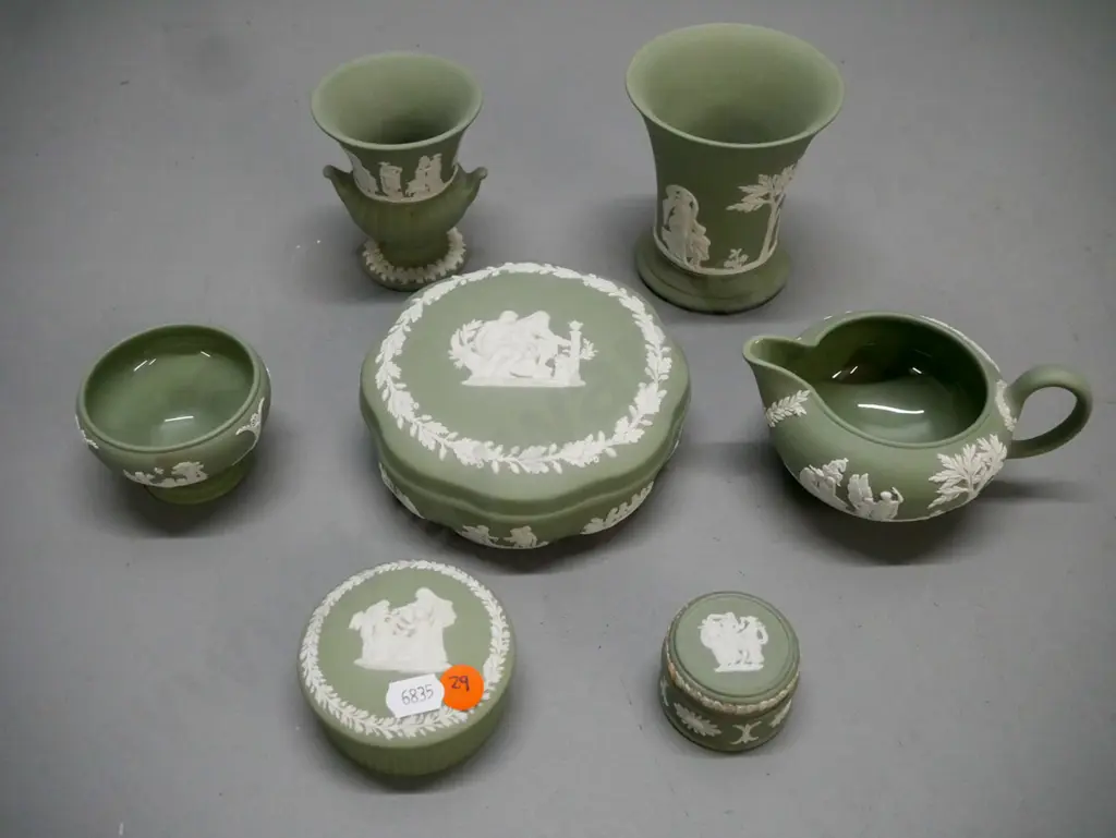 7x assorted green Wedgwood Jasperware pieces, some light soiling. Tallest H-100 Image 1++
