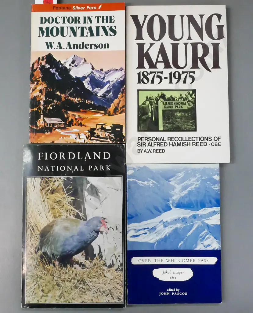 4x books: Doctor in the Mountains (WA Anderson, 1974 Collins); Fiordland National Park (G Hall-Jones ed., 1961); Over Image 1++
